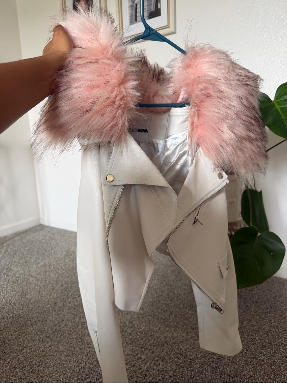Fashion Nova White Faux Leather Moto Jacket with Pink Faux Fur Collar